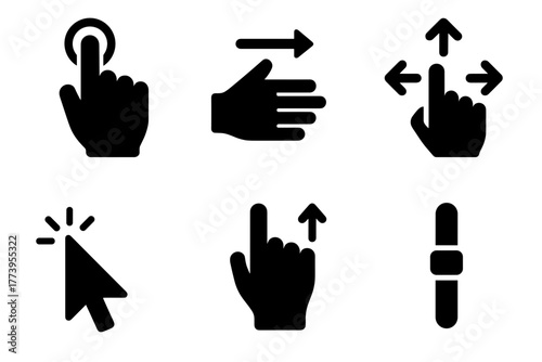 Collection of Six Black Digital Touch Screen Gestures and Interaction Icons Representing Tapping Swiping Pinching Rotating and Scrolling on a Clean White Background Seamlessly Illustrating User