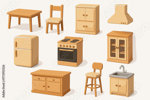 Vector illustration in flat cartoon style (with color fill + soft shadows), consisting of 12 icons of kitchen furniture and appliances in Scandinavian/minimalist style.