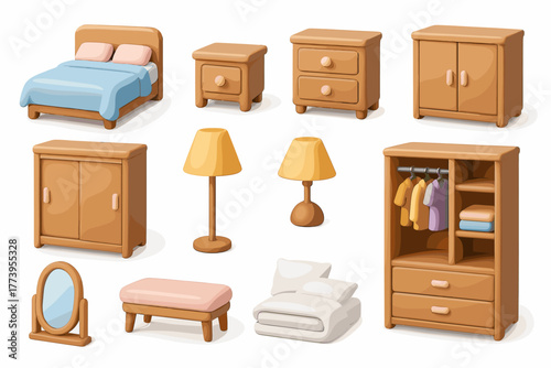 Vector illustration in flat cartoon style (with color fill + soft shadows), consisting of 12 icons of furniture and accessories for a bedroom in Scandinavian/modern style.