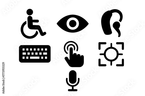 Collection of icons representing accessibility features including a wheelchair user an eye a hearing aid a keyboard a touchscreen and a microphone on a white background