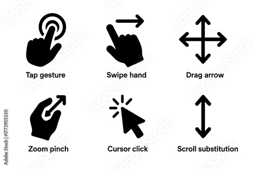 Set of six black vector icons representing touch gestures including tap zoom pinch swipe drag and scroll on a white background ideal for UI design and app development
