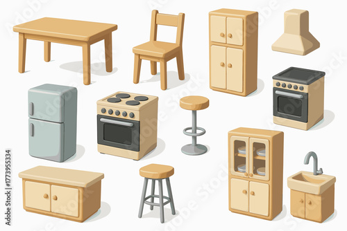 Vector illustration in flat cartoon style (with color fill + soft shadows), consisting of 12 icons of kitchen furniture and appliances in Scandinavian/minimalist style.