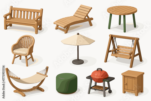 Vector illustration in flat cartoon style (with color fill + soft shadows), consisting of 11 icons of garden furniture and accessories.