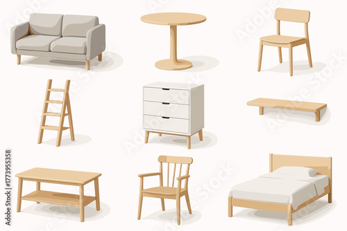 Vector illustration in flat cartoon style (with color fill + soft shadows), consisting of 12 icons of modern furniture in Scandinavian/mid-century style.