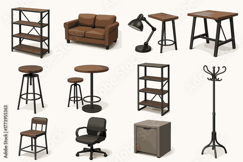 Vector illustration in flat cartoon style (with color fill + soft shadows), consisting of 12 industrial/loft style furniture icons.