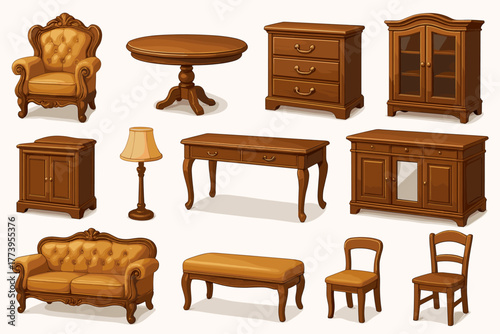 Vector illustration in flat cartoon style (with color fill + soft shadows), consisting of 12 icons of classic furniture in vintage/traditional style.