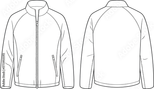 Men's, jacket, vector, technical, fashion, drawing, front, back, zipper, pockets, casual, outerwear, apparel, design, template, sport, style, clothing, mockup, illustration