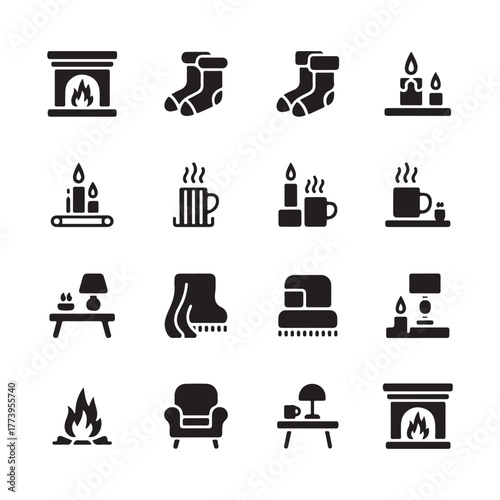 Cozy Comfort Icons: A collection of charming black icons evokes the warmth and contentment of a tranquil indoor setting, ideal for projects about home, decor, or seasonal themes.