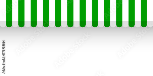 Shop sunshade. Realistic striped cafe awning. Outdoor market tent. Roof canopy. Summer street store. Vector illustration