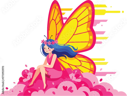 Whimsical young fairy with vibrant yellow butterfly wings sits on a pink cloud