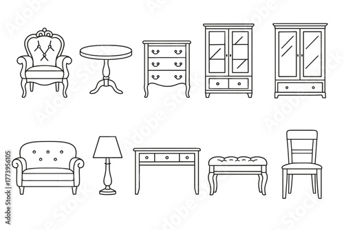 Minimalist vector illustration in line art style (black outlines, no fill), consisting of 10 icons of classic furniture in vintage/traditional style.
