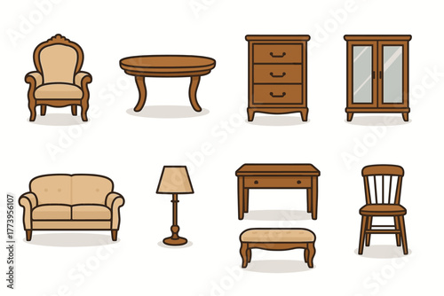 A flat cartoon-style vector illustration (with color fill) consisting of 10 icons of classic furniture in a traditional style.