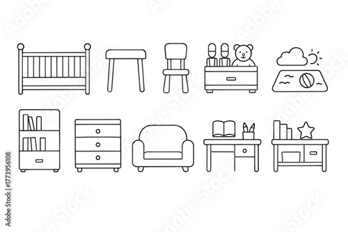 10 line art icons (black outlines, no fill) of children's furniture and accessories.