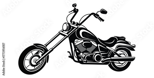 Striking black and white illustration of a classic chopper motorcycle on a white background