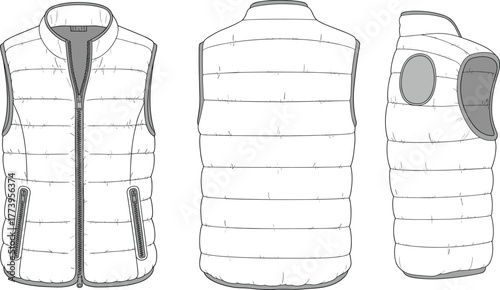 modern sleeveless puffer vest fashion flat sketch, front back side view design, quilted winter gilet illustration, technical clothing template vector