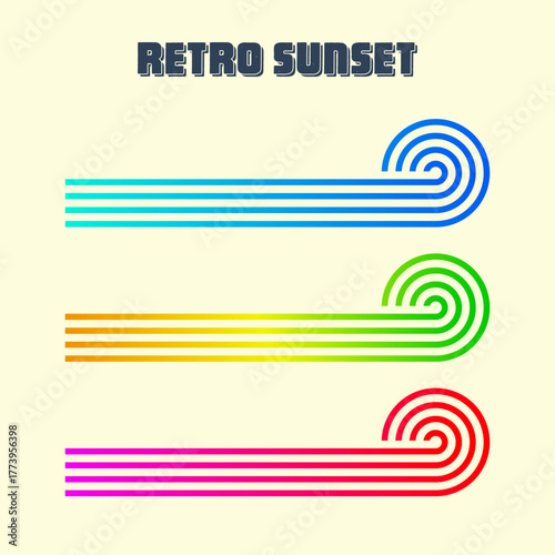 Vintage colorful sunset. Various gradient striped sunrise badges in 80s and 90s style. Sun and ocean view, summer vibes, surfing. Design element for print, logo or t-shirt. Vector illustration