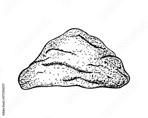 Monochrome flour powder pile vector isolated illustration painted by black inks. Aromatic spice or sand heap in triangle shape graphic sketch. Food ingredient for cooking recipe, medicine, menu