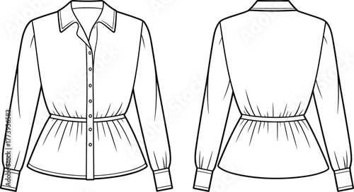 Women's gathered waist blouse flat sketch, front and back view, vector fashion drawing, apparel design template, garment technical illustration