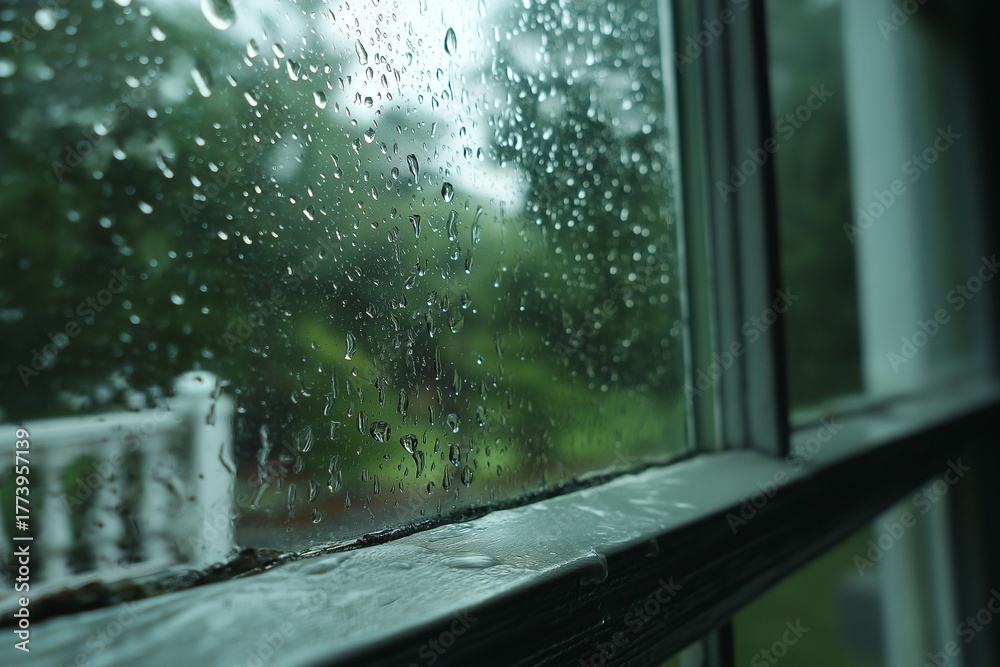 Fototapeta premium Raindrops gliding down a window cozy home setting nature photography calm environment close-up view serenity concept