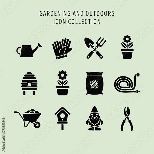 Collection of gardening and outdoor icons, including tools and elements for gardening.