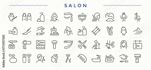 Salon icon collection. Barber icon set. Icons for application. Contain linear sign grooming, hairstyle, barber, hair salon and more. Pixel perfect. Editable stroke.