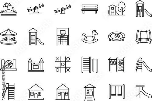 Playground icons set, kids play equipment, slides, swings, seesaw, sandbox, trampoline, climbing frame, outdoor recreation line art