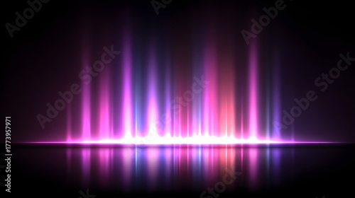 Vertical beams of brilliant magenta and violet light ascend from a reflective horizontal surface