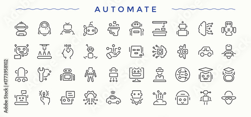 Automate icon set. Includes thin line symbols ai, car, technology, car and automation, auto, robot and more. Modern icons collection. Art and illustration. Automatic icon pack.
