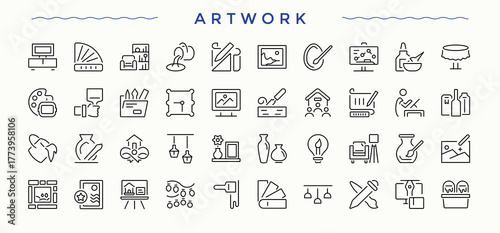 Artwork icon collection. Minimalist icons collection. Editable stroke. Vector illustration. Painting line icon set. Containing art, graphic, draw, artistic, digital, creativity and more.