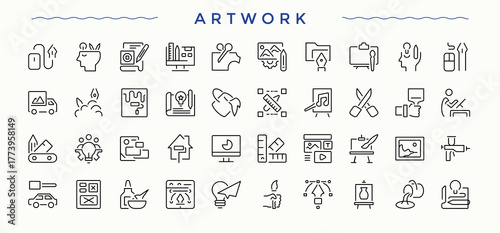 Artwork icon. Simple line vector icons. Contain linear symbols art and design, brush, paint, creativity, draw. Editable stroke. Vector collection. Draw modern icon set.