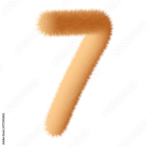 3d Fluffy number seven 7 soft furry font digit isolated on white background, playful design element for birthday, anniversary and other celebrations