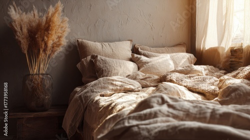 bedroom with linen bedding, warm soft light and natural textures, bohemian cozy atmosphere, peaceful home retreat
