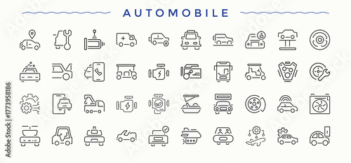 Automobile icon collection. Featuring parts, spare, part, engine, service, car and more. Sign and Symbol. Pixel perfect. Editable vector. Service line icon set.