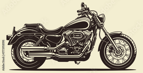 Detailed monochrome illustration of a classic motorcycle against a light cream background