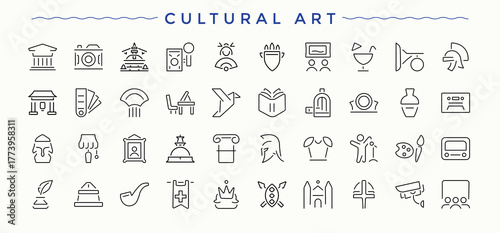 Cultural Art icon set. Exhibit thin icons set. Thin icons set. Exhibit icon collection. Editable stroke.