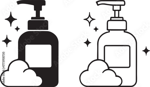 Foam soap dispenser bottle icons set bubbles sparkles cleanliness hygiene washing hand soap liquid dispenser pump clean