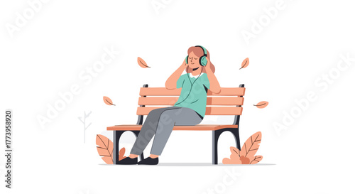 An illustrated person sits on a park bench, listening to music through headphones with autumn leaves falling around them, evoking relaxation and enjoyment.