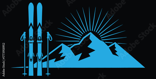 Skiing adventure logo featuring skis poles mountains and a radiant sunburst design