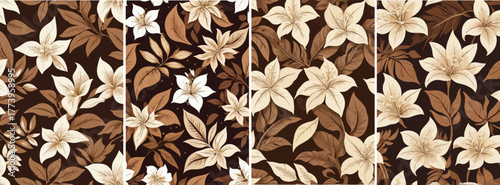 Seamless floral batik pattern inspired by Indonesian nature, tropical leaves and jasmine motifs, elegant brown and cream palette, vector pattern design