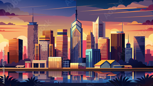 Very beautiful panoramic view of Indianapolis, Indiana, USA skyline at sunset, featuring modern skyscrapers, reflective glass towers, and the warm glow of evening light over the urban landscape.