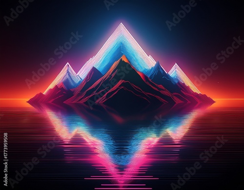 neon lit mountain silhouette against a dark background reflected in water