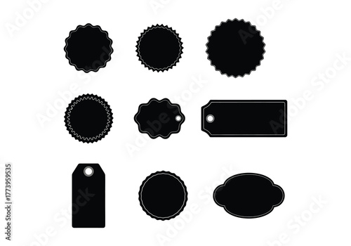 Collection of nine black silhouetted decorative circles tags and shapes for design and branding vector