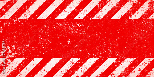 Warning sign with red and white diagonal lines. Attention, danger or caution symbol. Construction site signage, road safety notice, hazard banner, security alert shield. Vector illustration