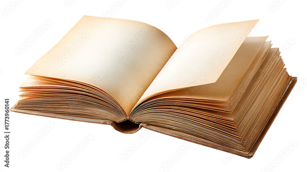 Fototapeta premium An old open book with blank aged pages, isolated on transparent background