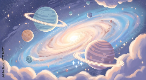 Dreamy Galaxy Illustration with Colorful Planets and Clouds Space Scene