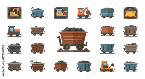 Set of Isolated Coal Mining Carts Vector Illustrations.