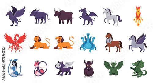 Set of Legendary and Mythological Animal Icons.