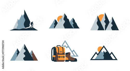 Set of mountain adventure and hiking vector logo icons.