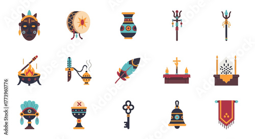 Set of Religious and Cultural Artifact Icons Isolated on White.