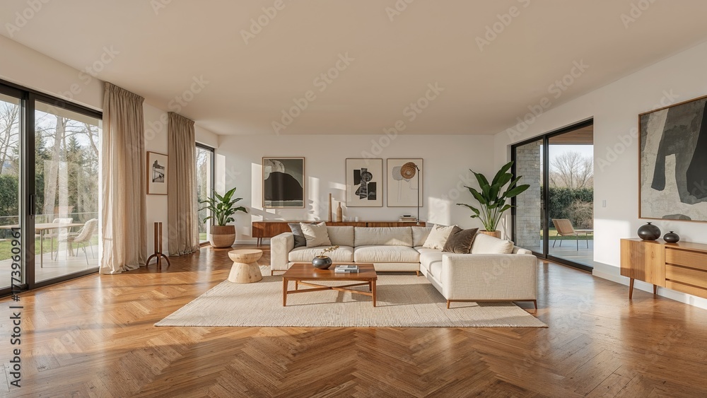 Obraz premium Spacious living room with large windows, light curtains, wooden flooring, modern furniture, and minimal decor. Bright and airy interior design.